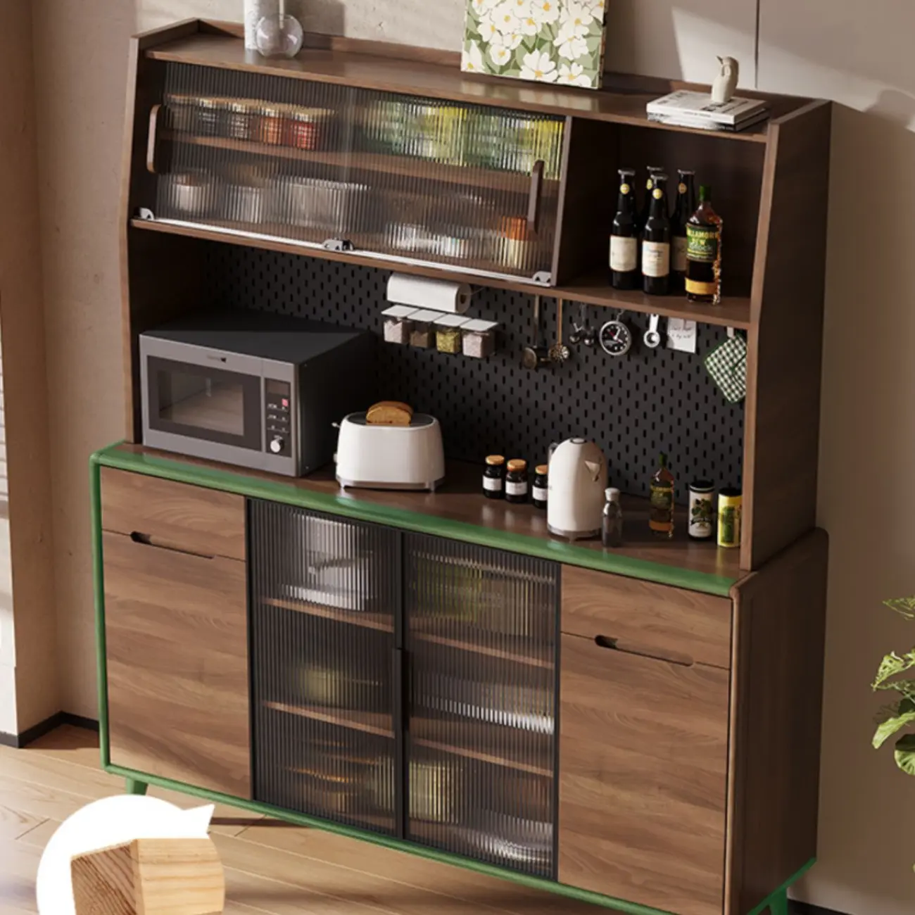 Kitchen Brown Wooden Hutch Top Sideboards with Pegboard Back Image - 2 | homeyfad