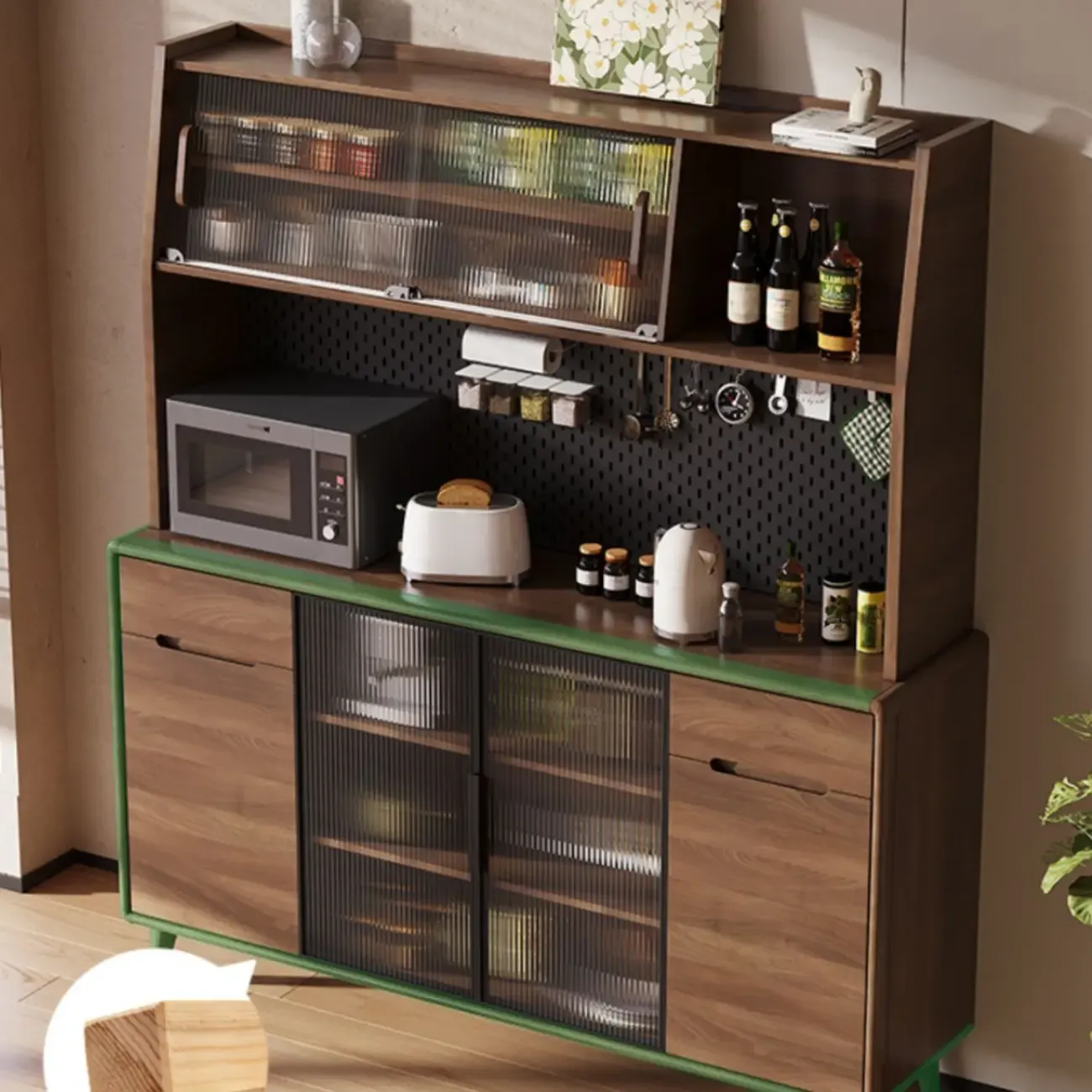 Kitchen Brown Wooden Hutch Top Sideboards with Pegboard Back Image - 2