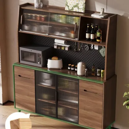 Kitchen Brown Wooden Hutch Top Sideboards with Pegboard Back Image - 2