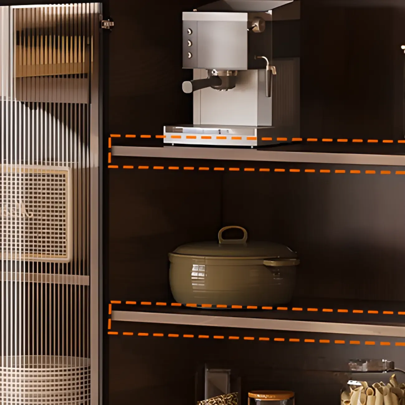 Kitchen Brown Wooden Hutch Top Sideboards with Pegboard Back Image - 11