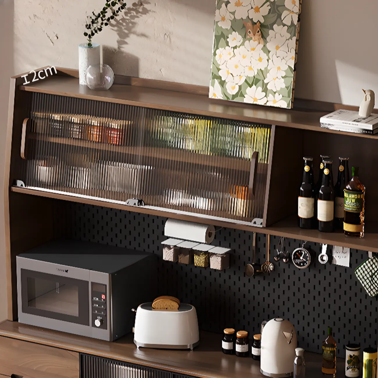 Kitchen Brown Wooden Hutch Top Sideboards with Pegboard Back Image - 5 | homeyfad