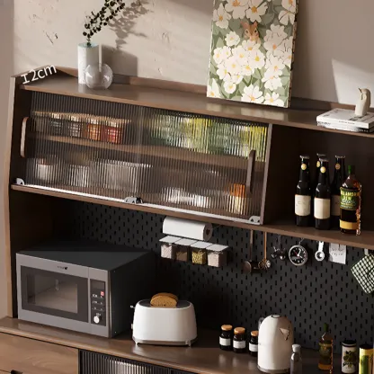 Kitchen Brown Wooden Hutch Top Sideboards with Pegboard Back Image - 5