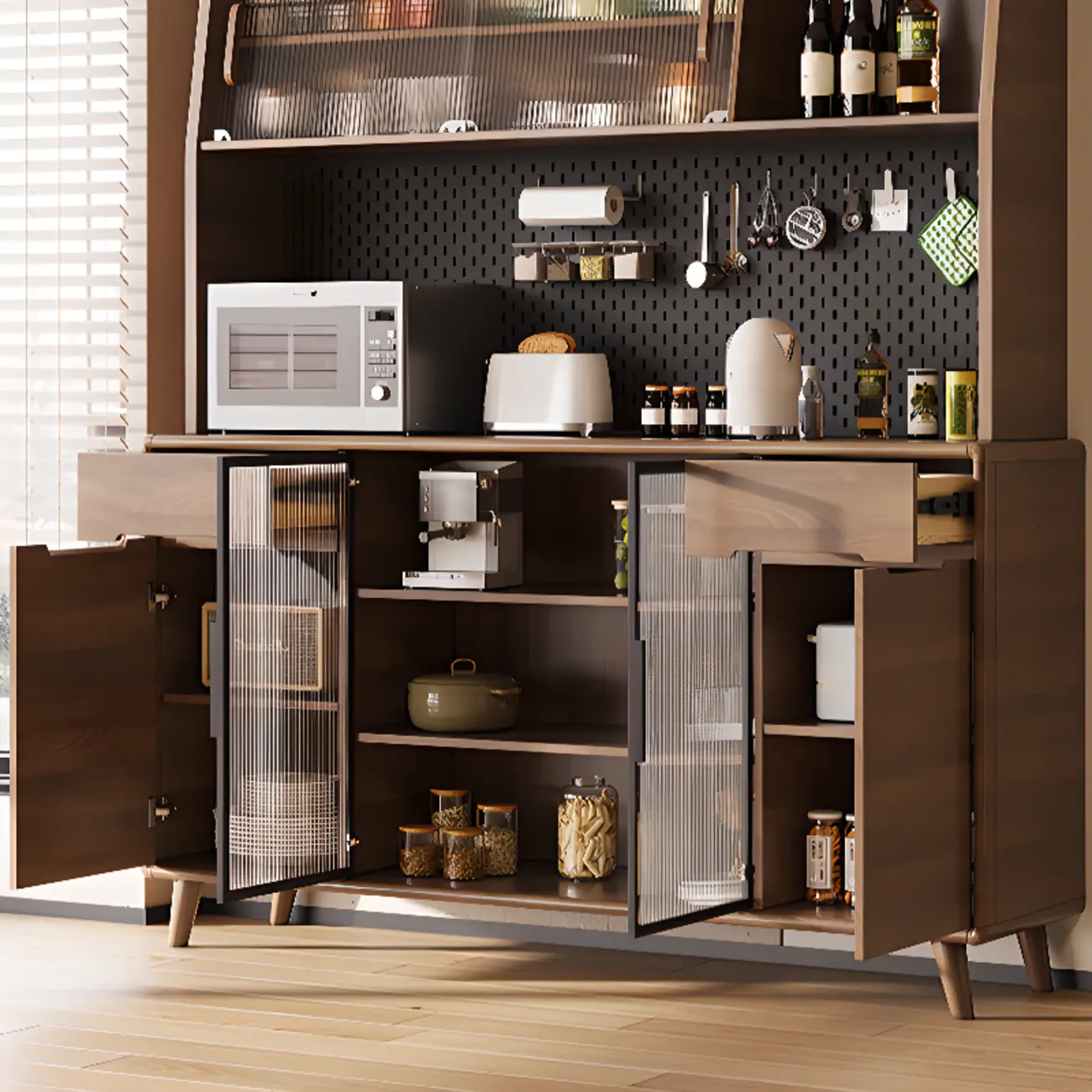 Kitchen Brown Wooden Hutch Top Sideboards with Pegboard Back Image - 9 | homeyfad