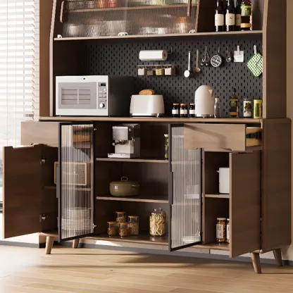 Kitchen Brown Wooden Hutch Top Sideboards with Pegboard Back Image - 9