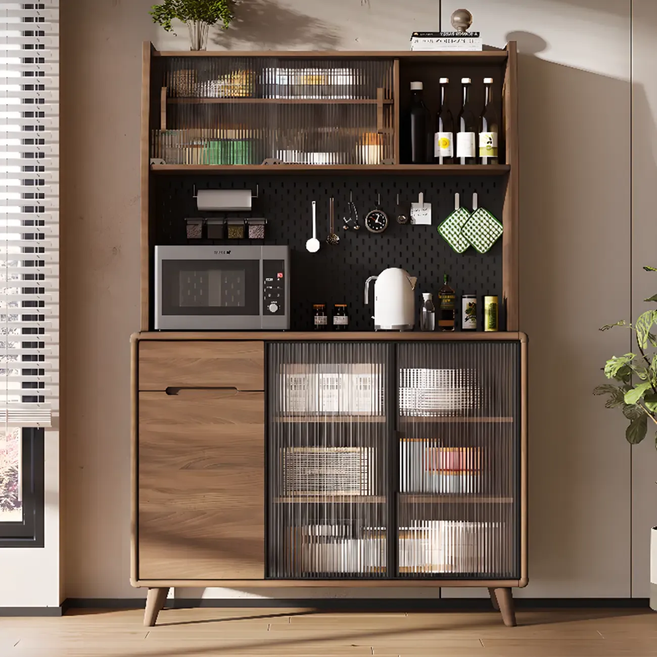 Kitchen Brown Wooden Hutch Top Sideboards with Pegboard Back Image - 3