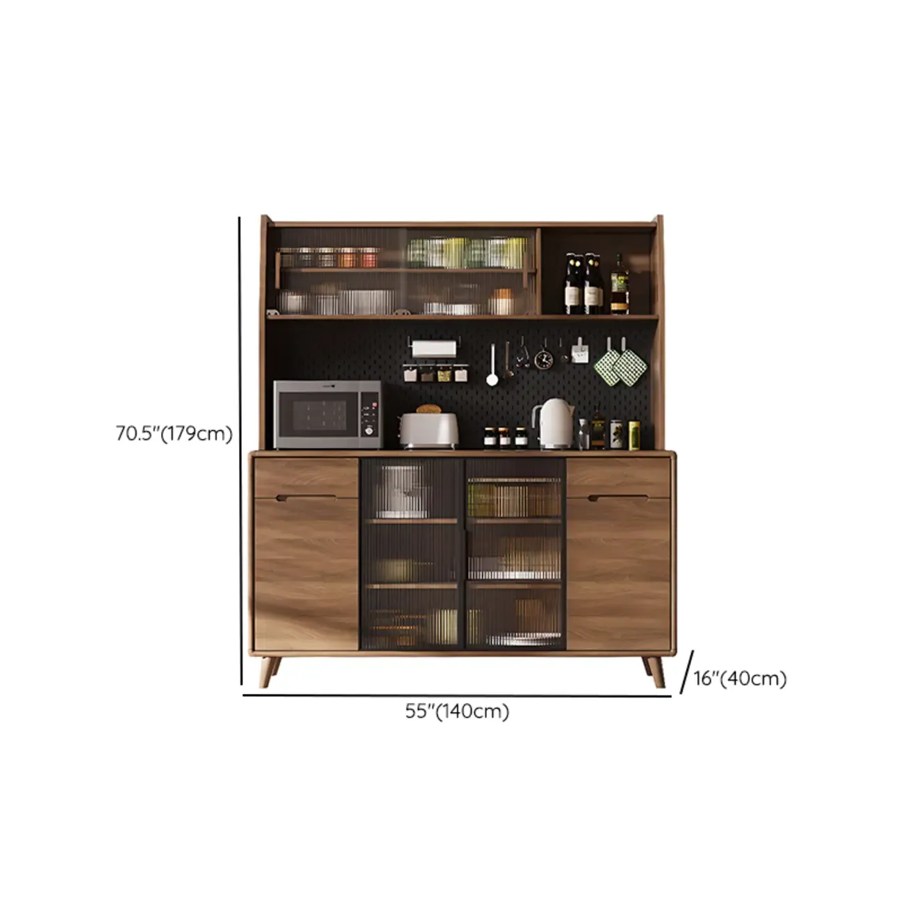 Kitchen Brown Wooden Hutch Top Sideboards with Pegboard Back Image - 28