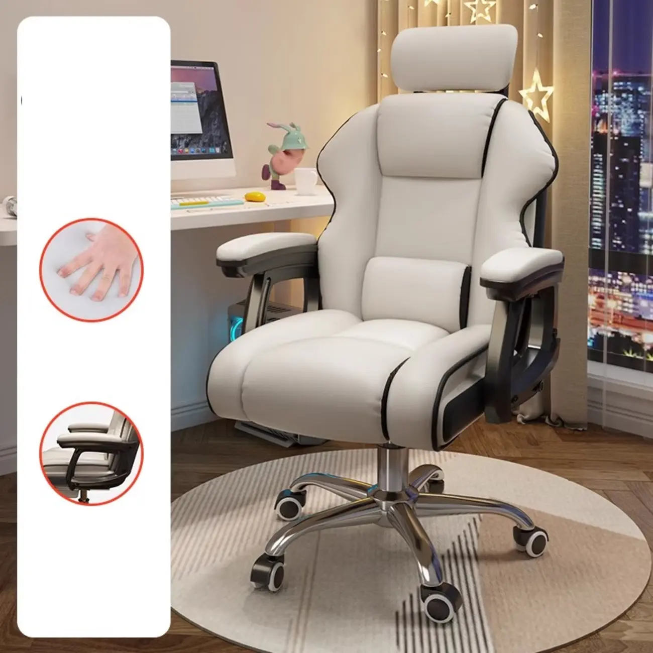 Ergonomic White Upholstered  Reclining Office Chair Image - 8 | homeyfad