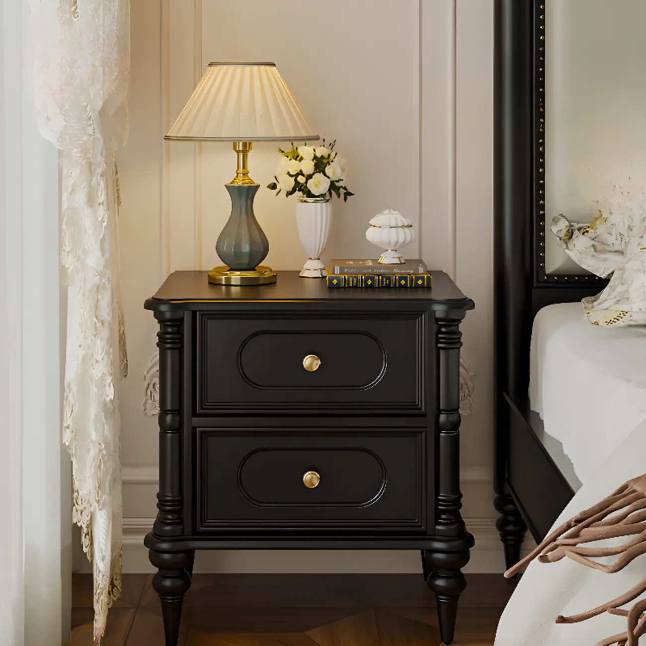 Traditional Black Wood 2 Tiers Drawer Nightstand Image - 1 | homeyfad