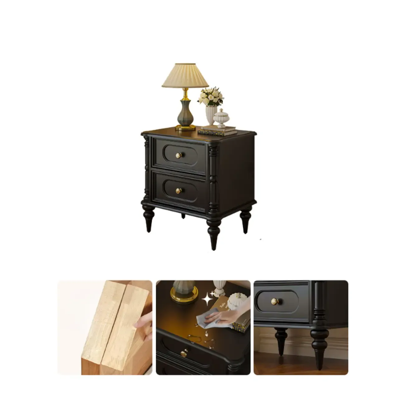 Traditional Black Wood 2 Tiers Drawer Nightstand Image - 8