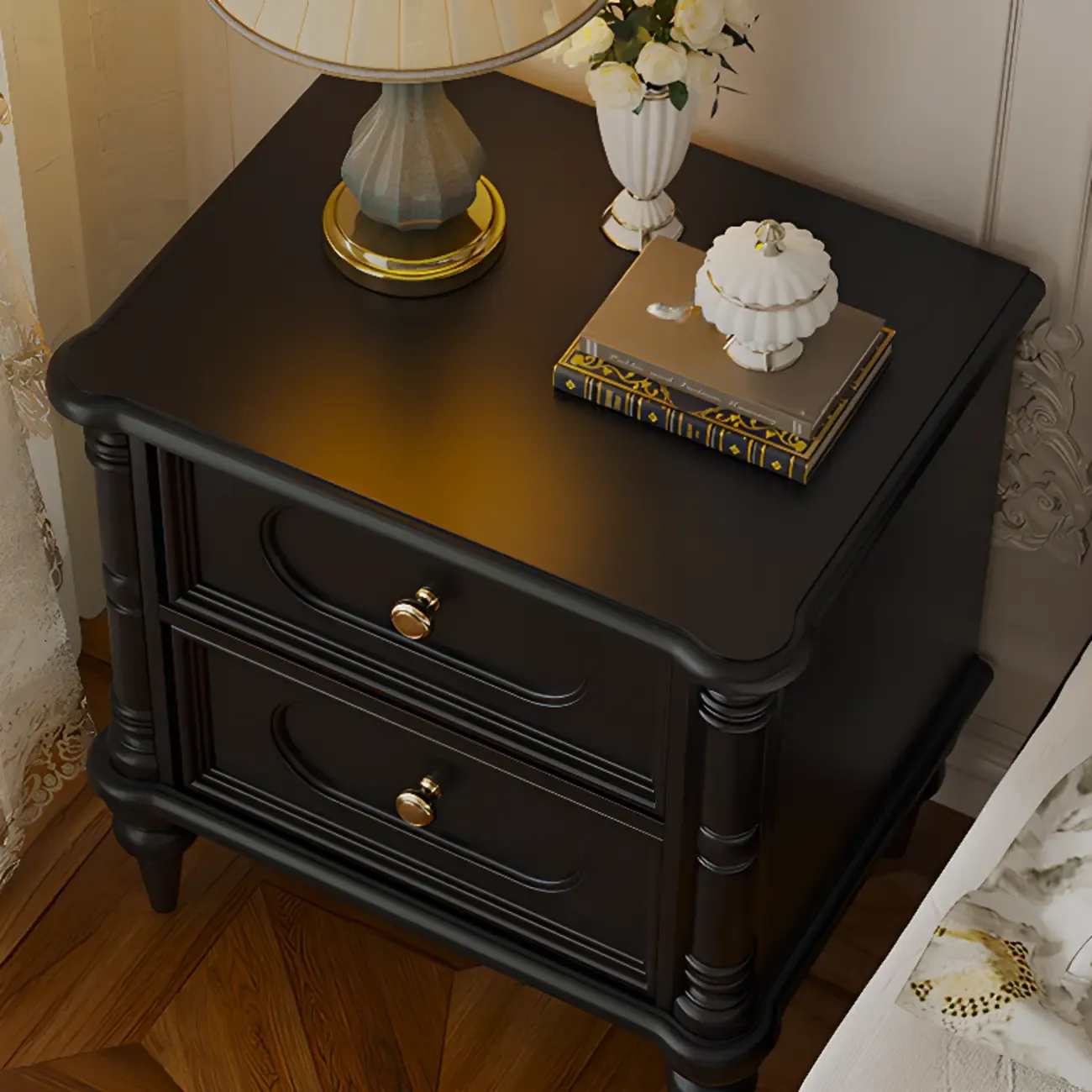 Traditional Black Wood 2 Tiers Drawer Nightstand Image - 2
