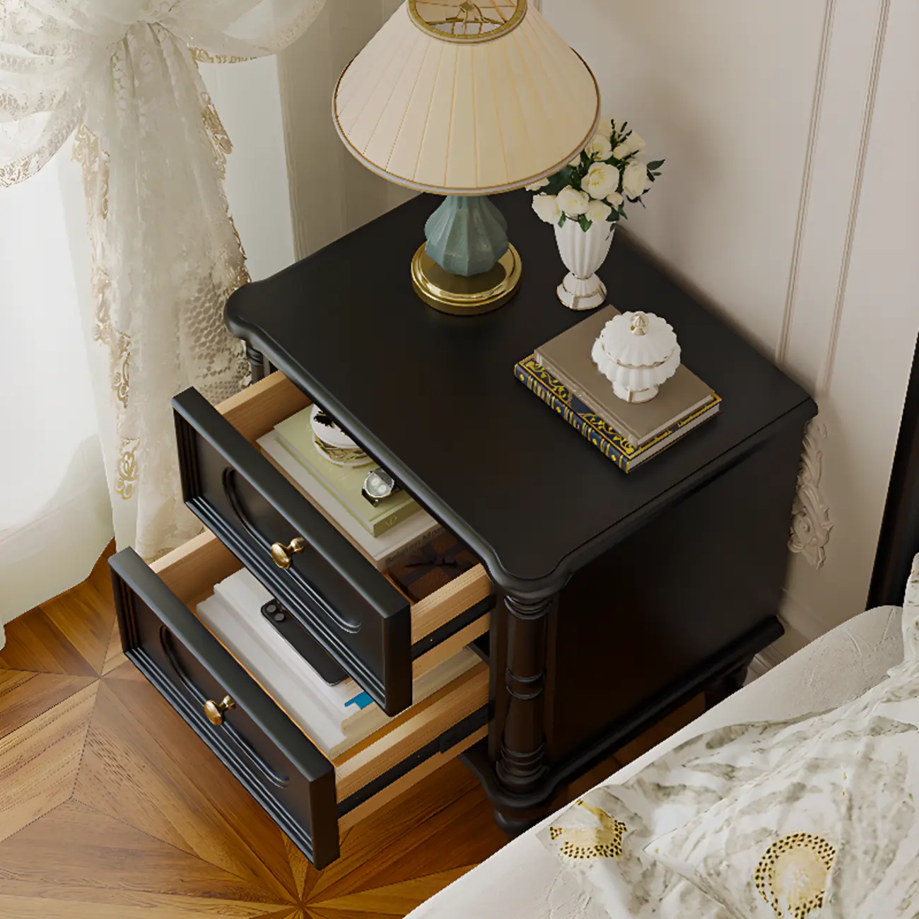 Traditional Black Wood 2 Tiers Drawer Nightstand Image - 3 | homeyfad