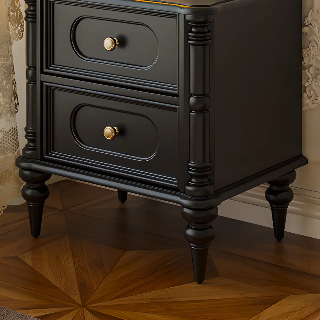 Traditional Black Wood 2 Tiers Drawer Nightstand Image - 5