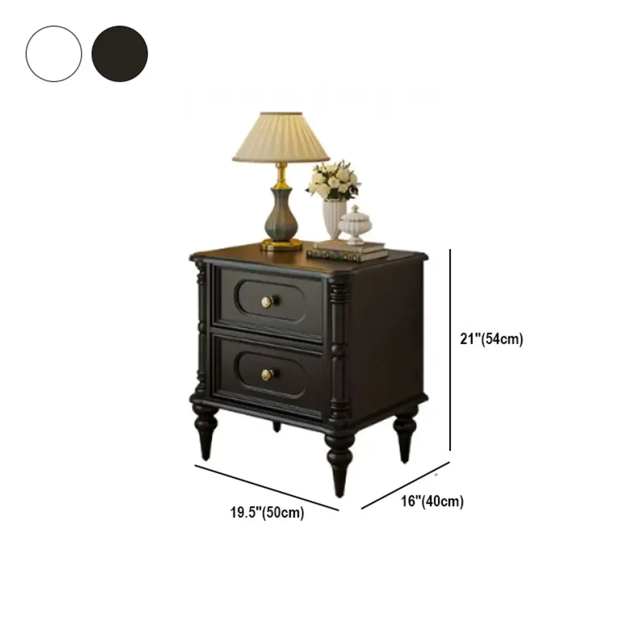 Traditional Black Wood 2 Tiers Drawer Nightstand #size