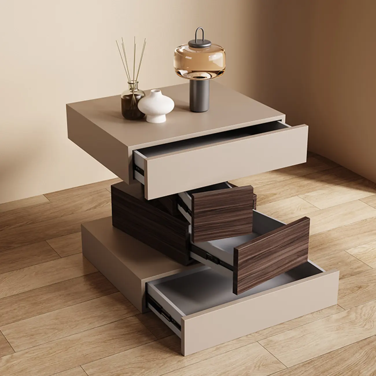 Narrow 4 Drawers Leather Top Walnut Nightstand Image - 4 | homeyfad