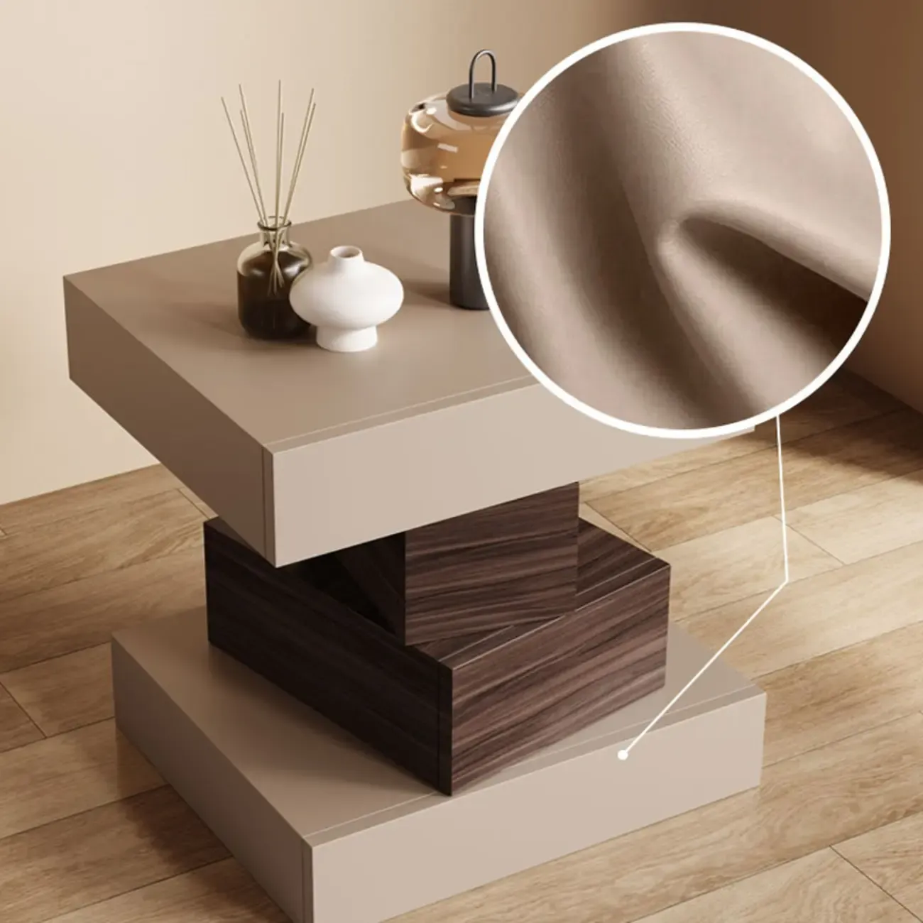 Narrow 4 Drawers Leather Top Walnut Nightstand Image - 14