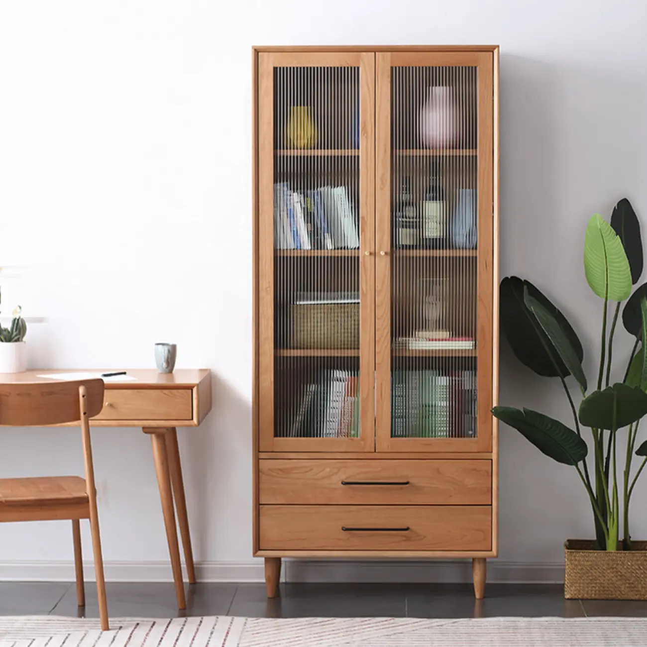 Narrow Modern Natural Wood 2-Drawer Bookcase Image - 1 | homeyfad