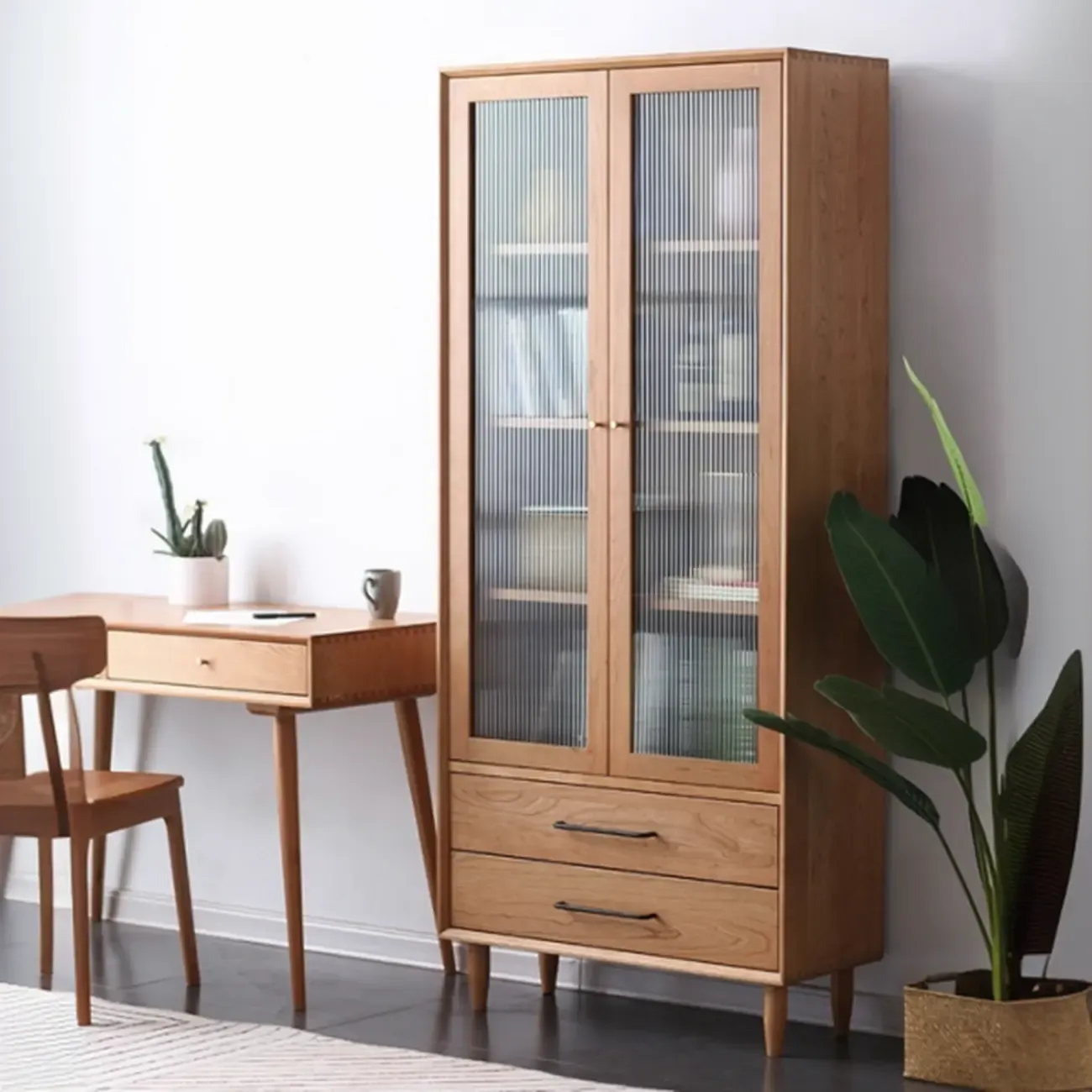 Narrow Modern Natural Wood 2-Drawer Bookcase Image - 2