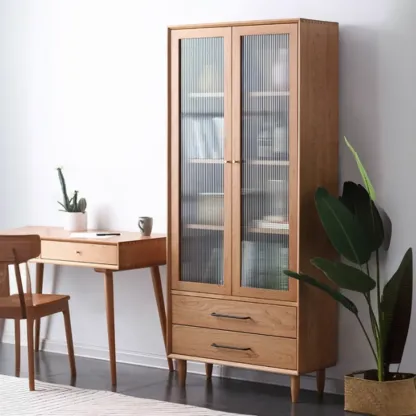 Narrow Modern Natural Wood 2-Drawer Bookcase Image - 2