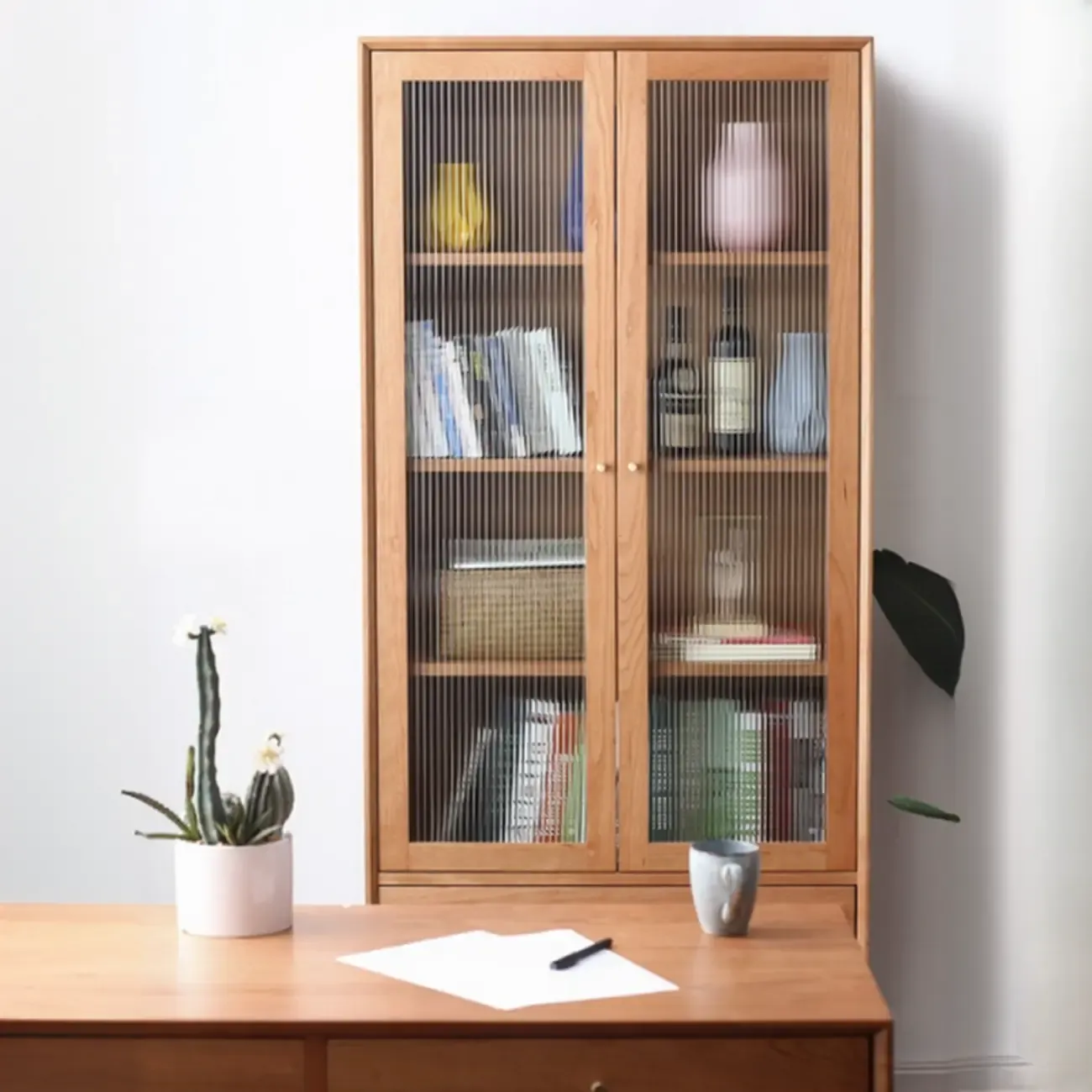 Narrow Modern Natural Wood 2-Drawer Bookcase Image - 3