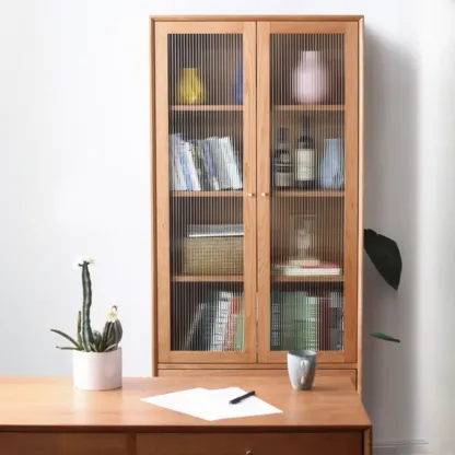 Narrow Modern Natural Wood 2-Drawer Bookcase Image - 3