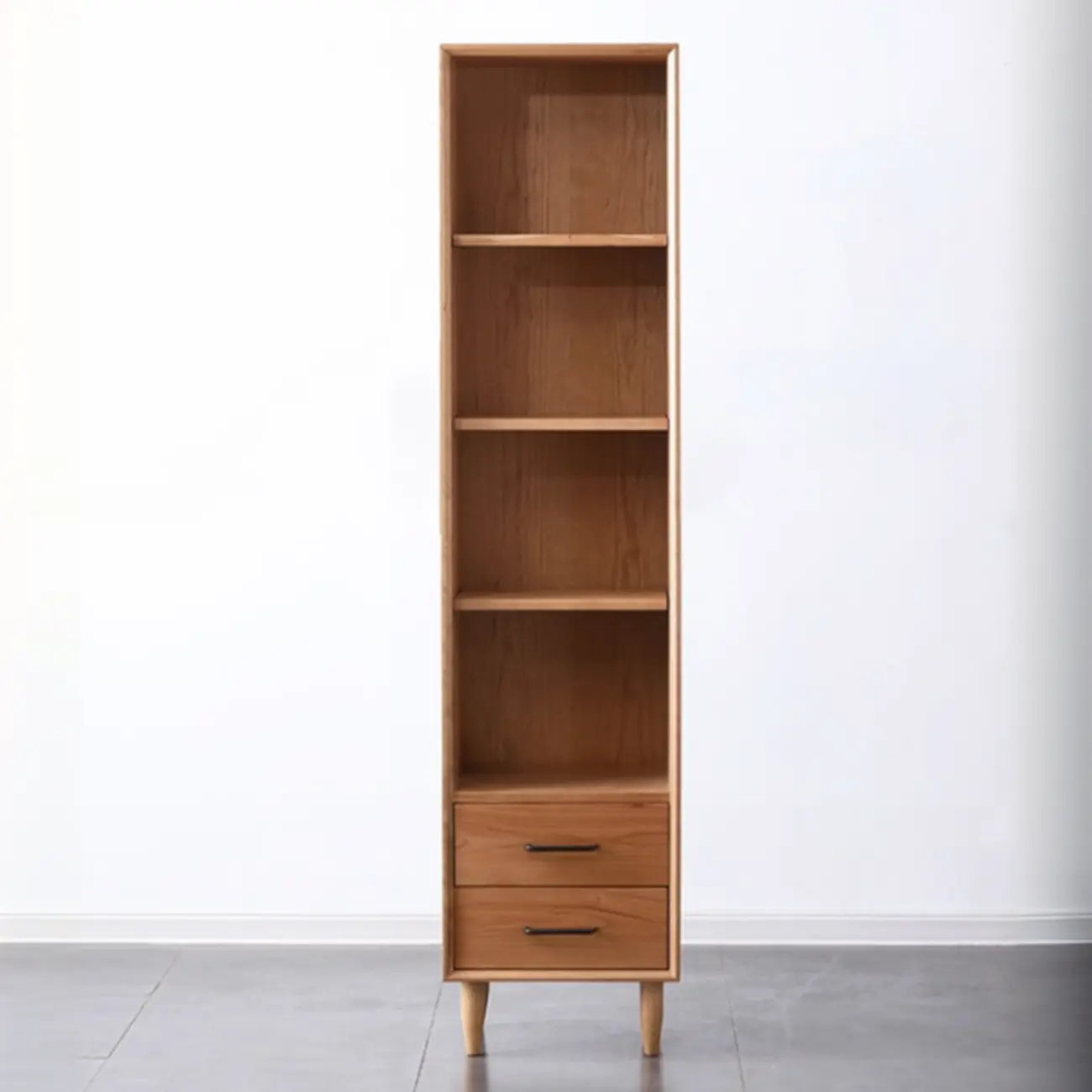 Narrow Modern Natural Wood 2-Drawer Bookcase Image - 8 | homeyfad