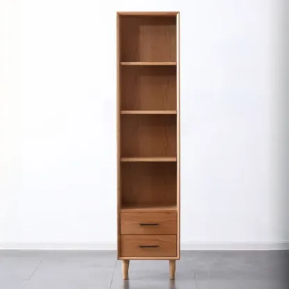 Narrow Modern Natural Wood 2-Drawer Bookcase Image - 8