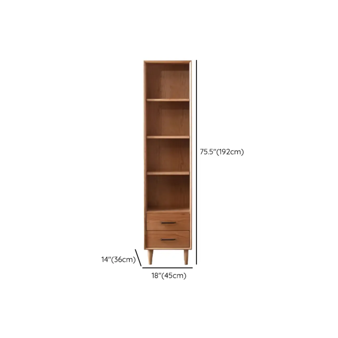 Narrow Modern Natural Wood 2-Drawer Bookcase #size