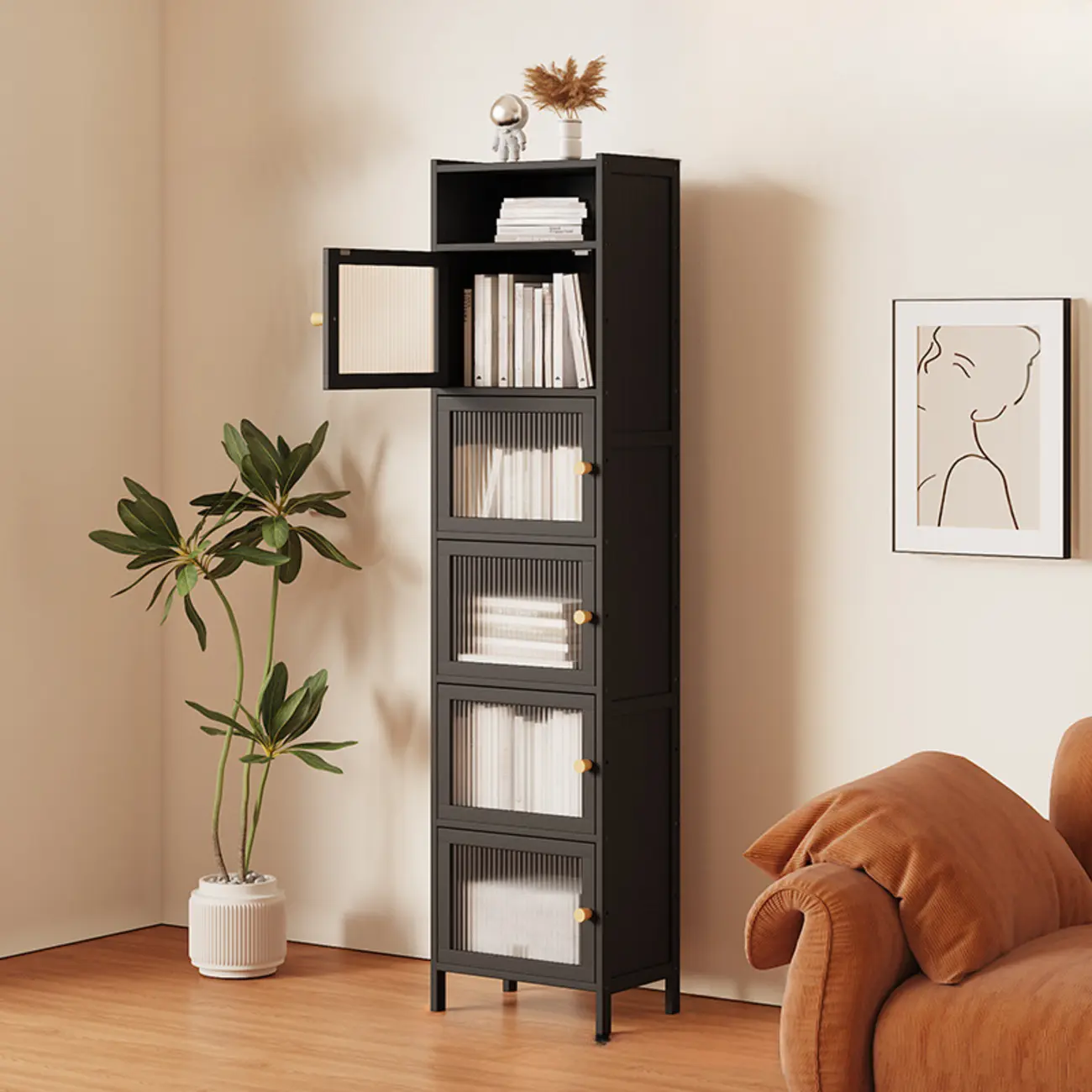 Slim Vertical Black Glass Doors Wooden Tall Bookcase Image - 1 | homeyfad