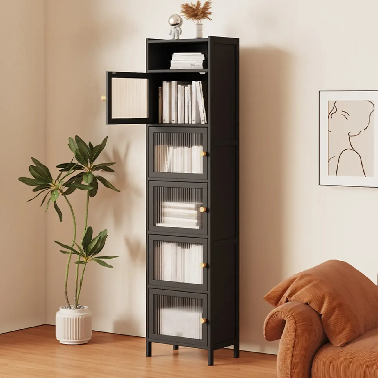 Slim Vertical Black Glass Doors Wooden Tall Bookcase Image - 2