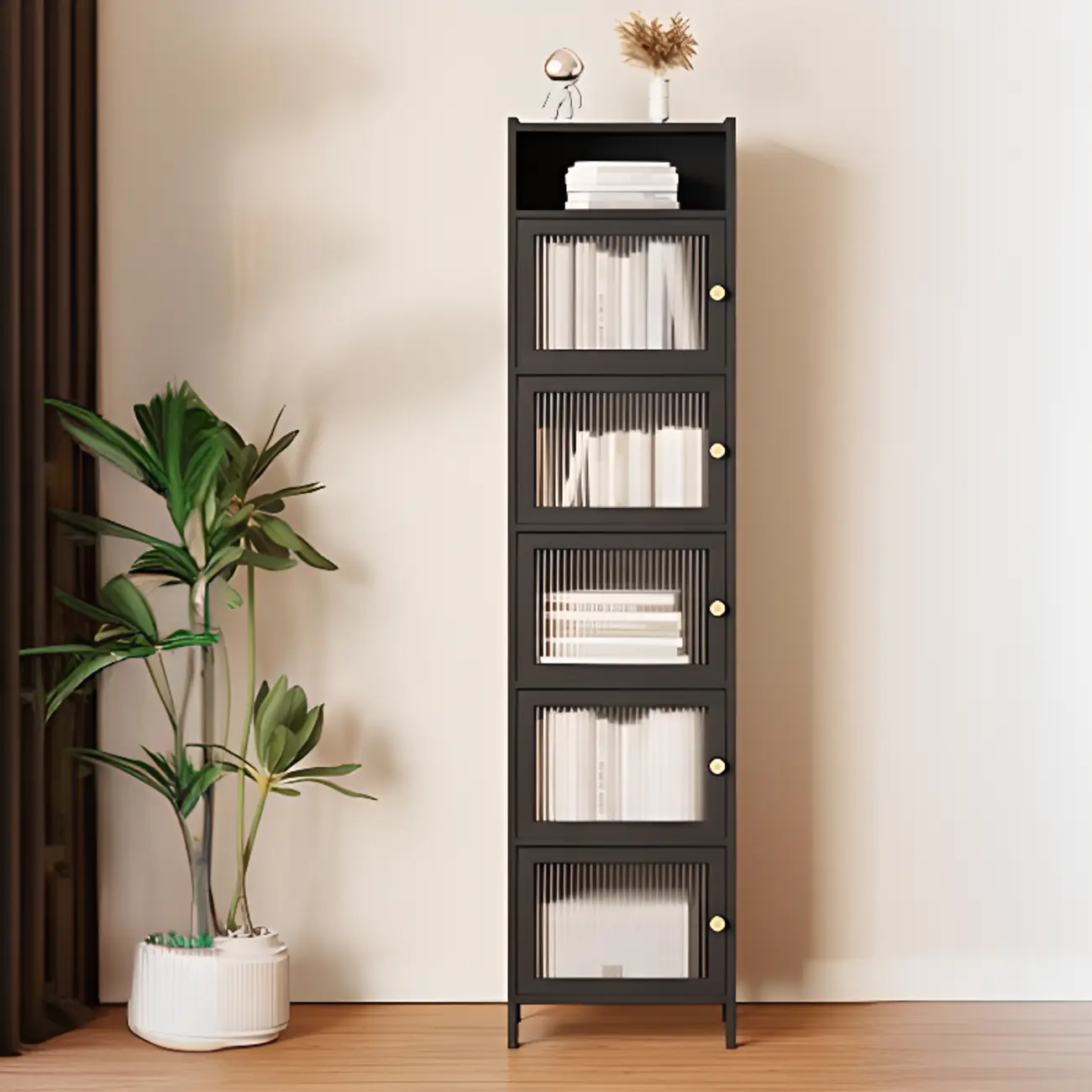 Slim Vertical Black Glass Doors Wooden Tall Bookcase Image - 3 | homeyfad