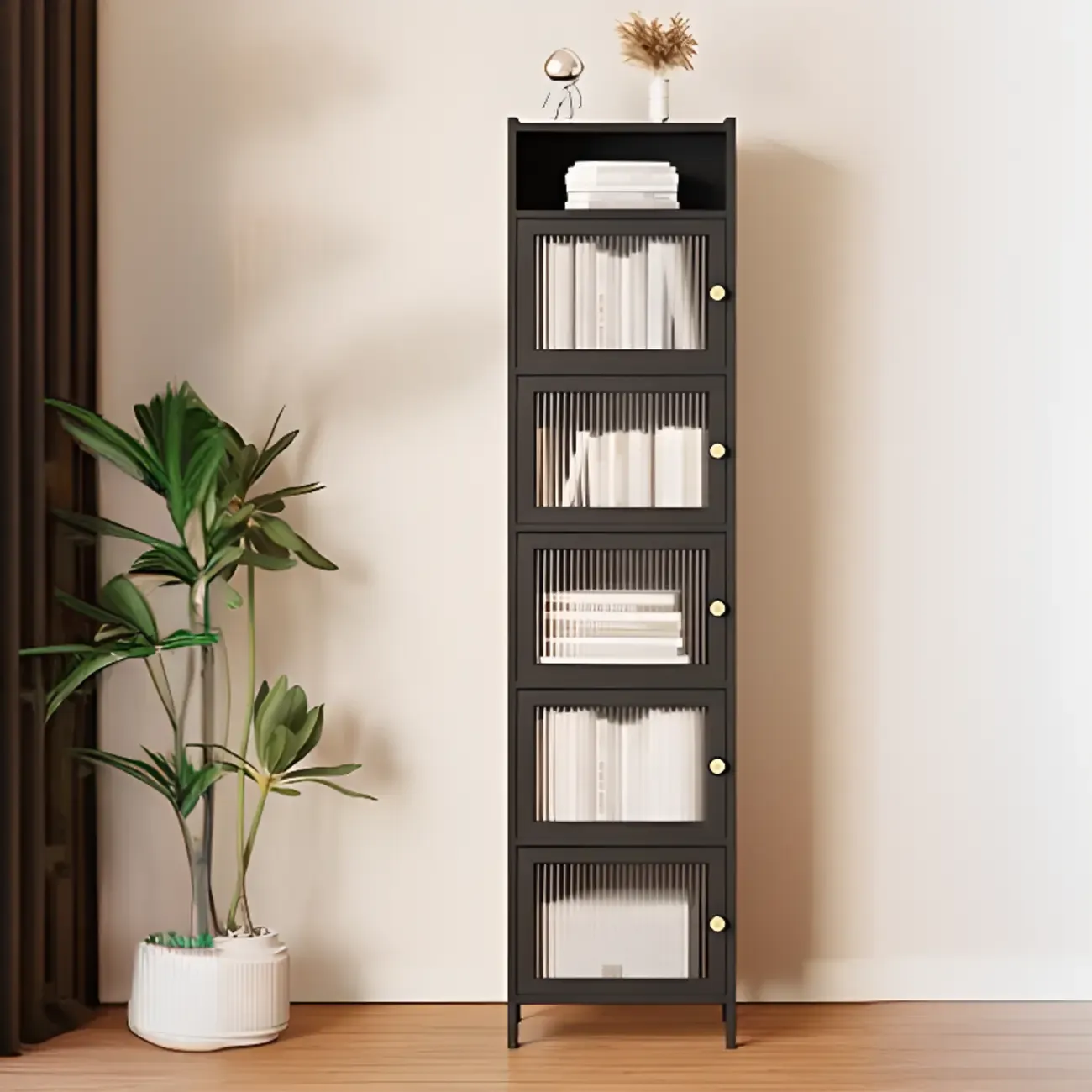 Slim Vertical Black Glass Doors Wooden Tall Bookcase Image - 3