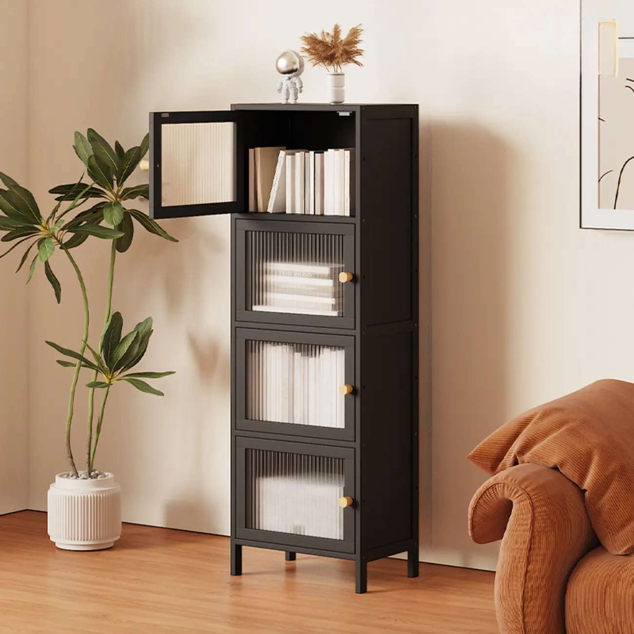 Slim Vertical Black Glass Doors Wooden Tall Bookcase Image - 4 | homeyfad