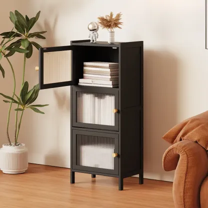 Slim Vertical Black Glass Doors Wooden Tall Bookcase Image - 6