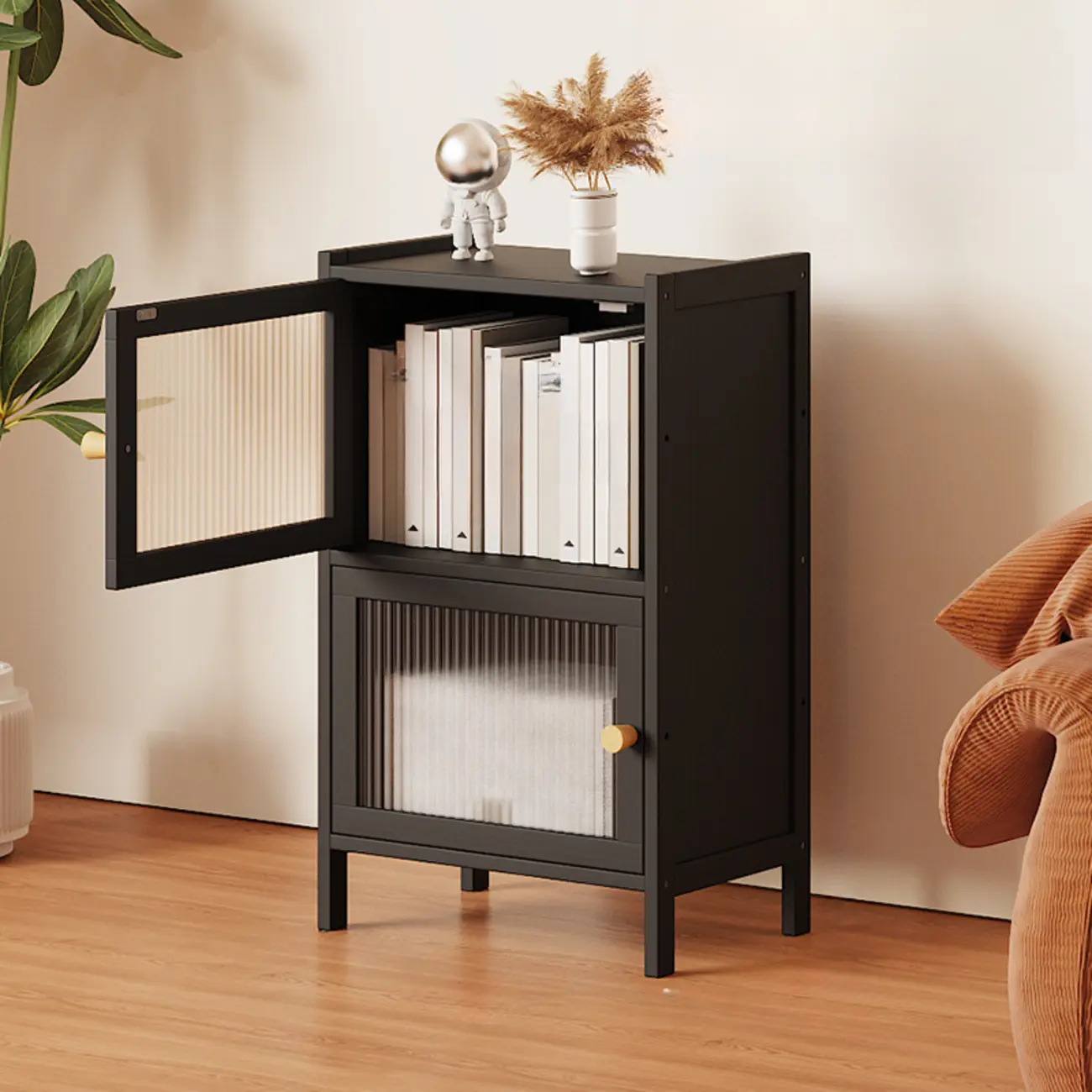 Slim Vertical Black Glass Doors Wooden Tall Bookcase Image - 7 | homeyfad