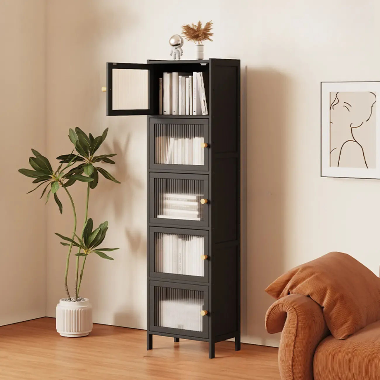 Slim Vertical Black Glass Doors Wooden Tall Bookcase Image - 8