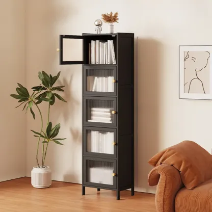 Slim Vertical Black Glass Doors Wooden Tall Bookcase Image - 8