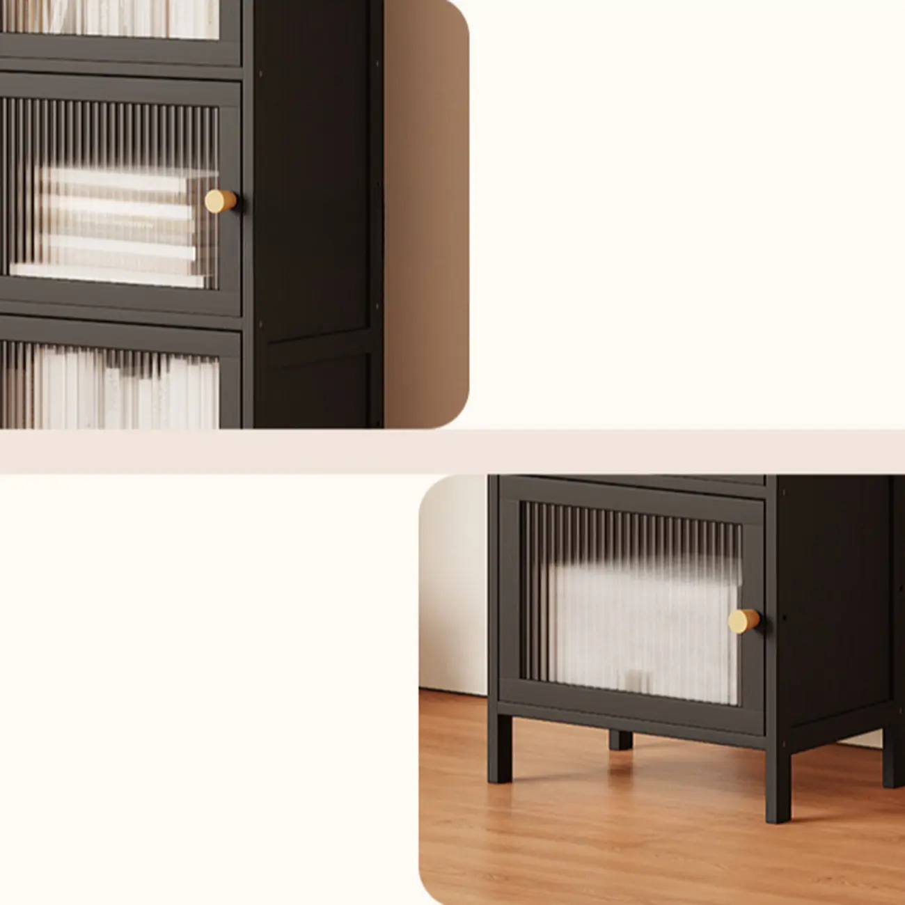 Slim Vertical Black Glass Doors Wooden Tall Bookcase Image - 9 | homeyfad