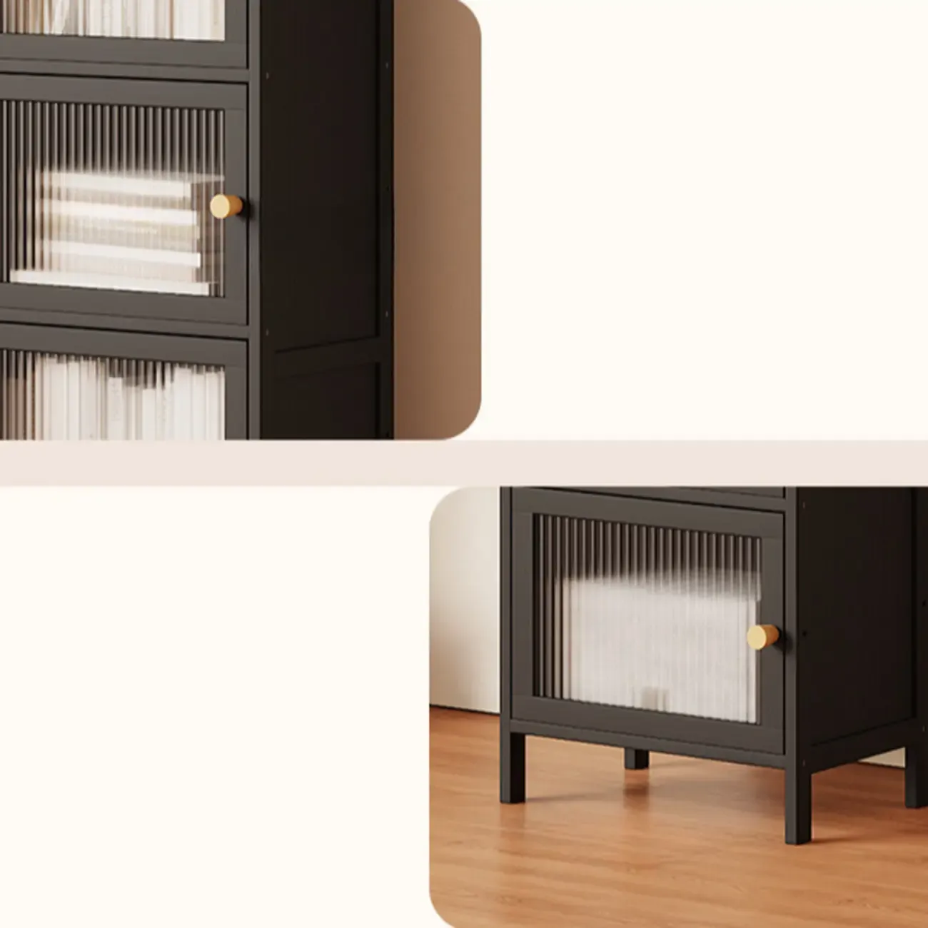 Slim Vertical Black Glass Doors Wooden Tall Bookcase Image - 9