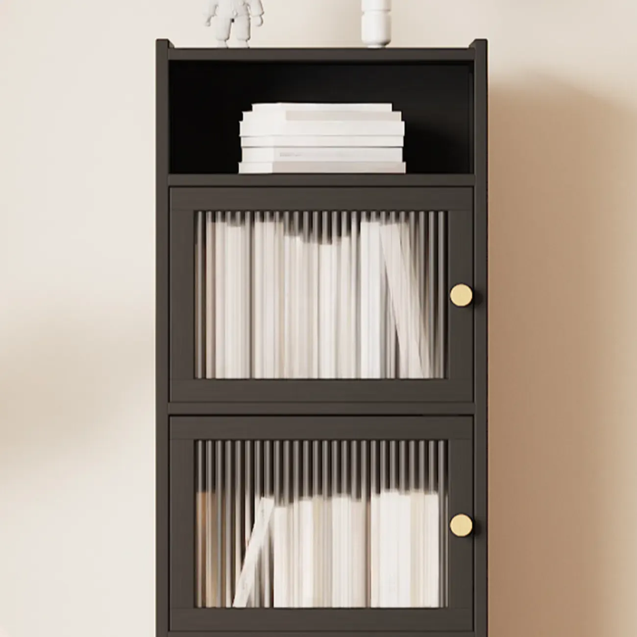 Slim Vertical Black Glass Doors Wooden Tall Bookcase Image - 10