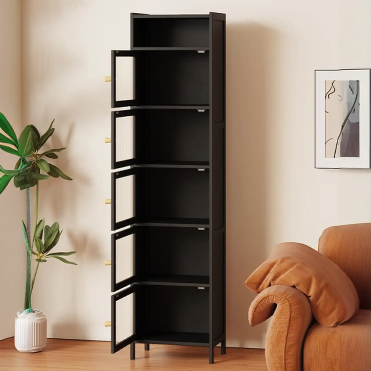 Slim Vertical Black Glass Doors Wooden Tall Bookcase Image - 11 | homeyfad