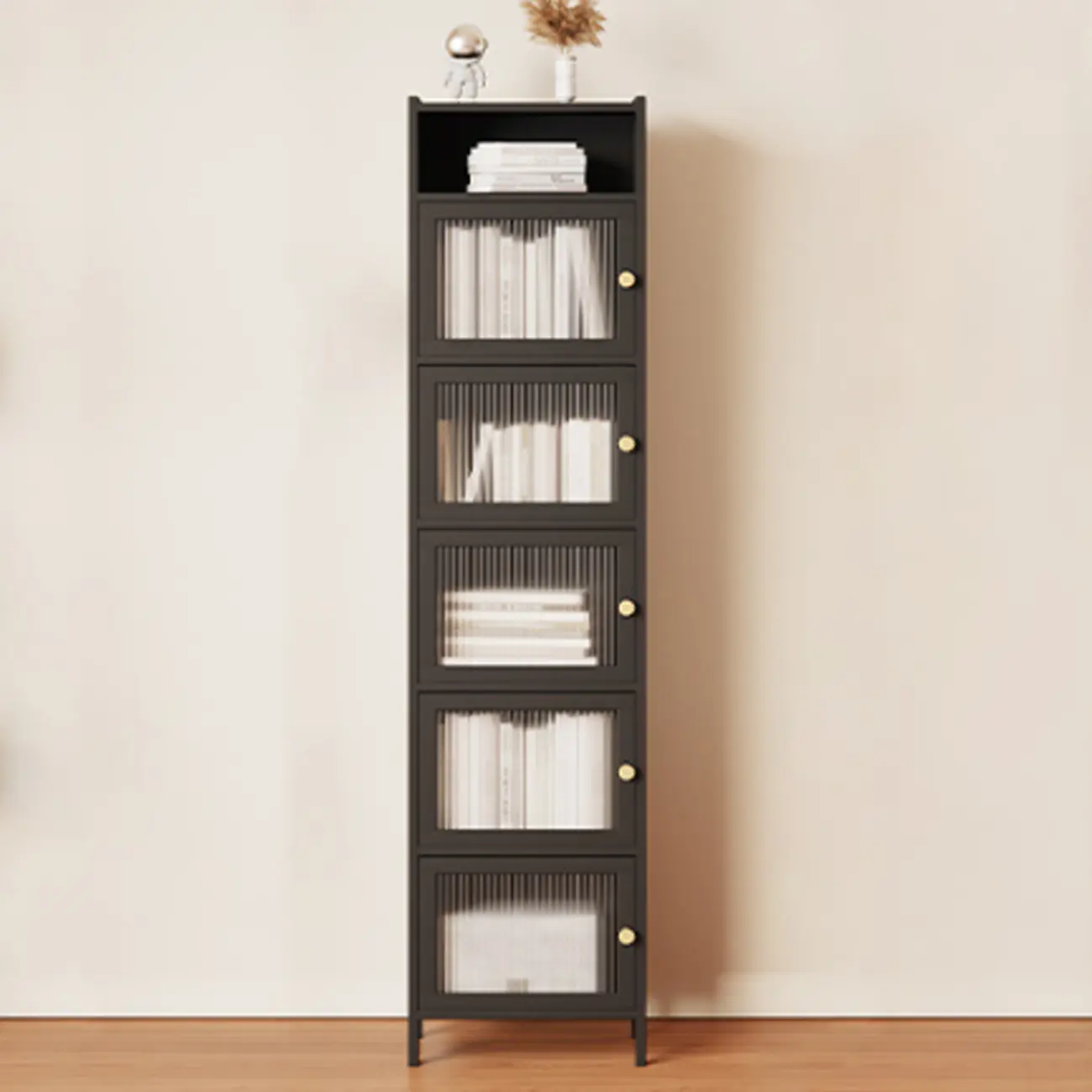 Slim Vertical Black Glass Doors Wooden Tall Bookcase Image - 13 | homeyfad