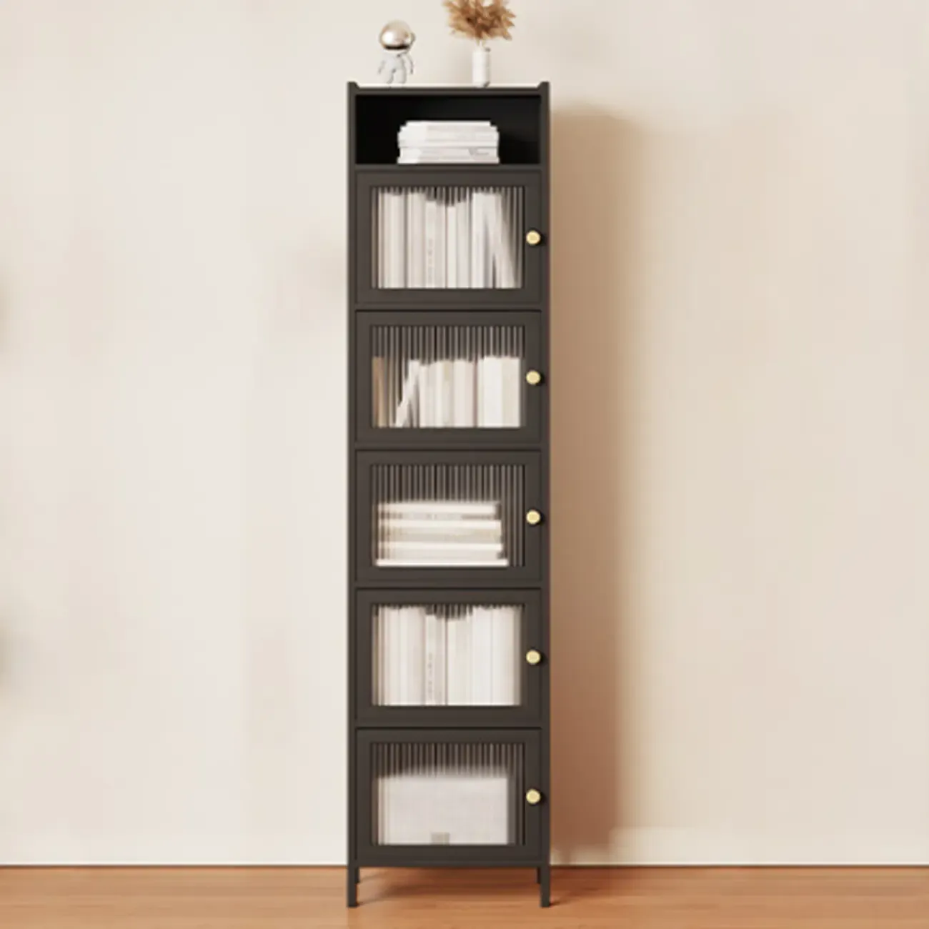 Slim Vertical Black Glass Doors Wooden Tall Bookcase Image - 13