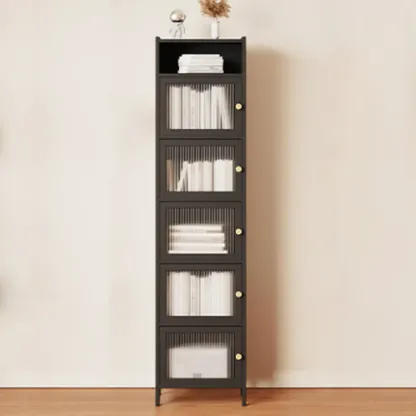 Slim Vertical Black Glass Doors Wooden Tall Bookcase Image - 13