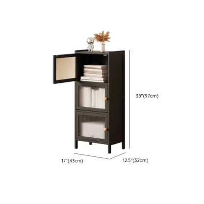 Slim Vertical Black Glass Doors Wooden Tall Bookcase Image - 15