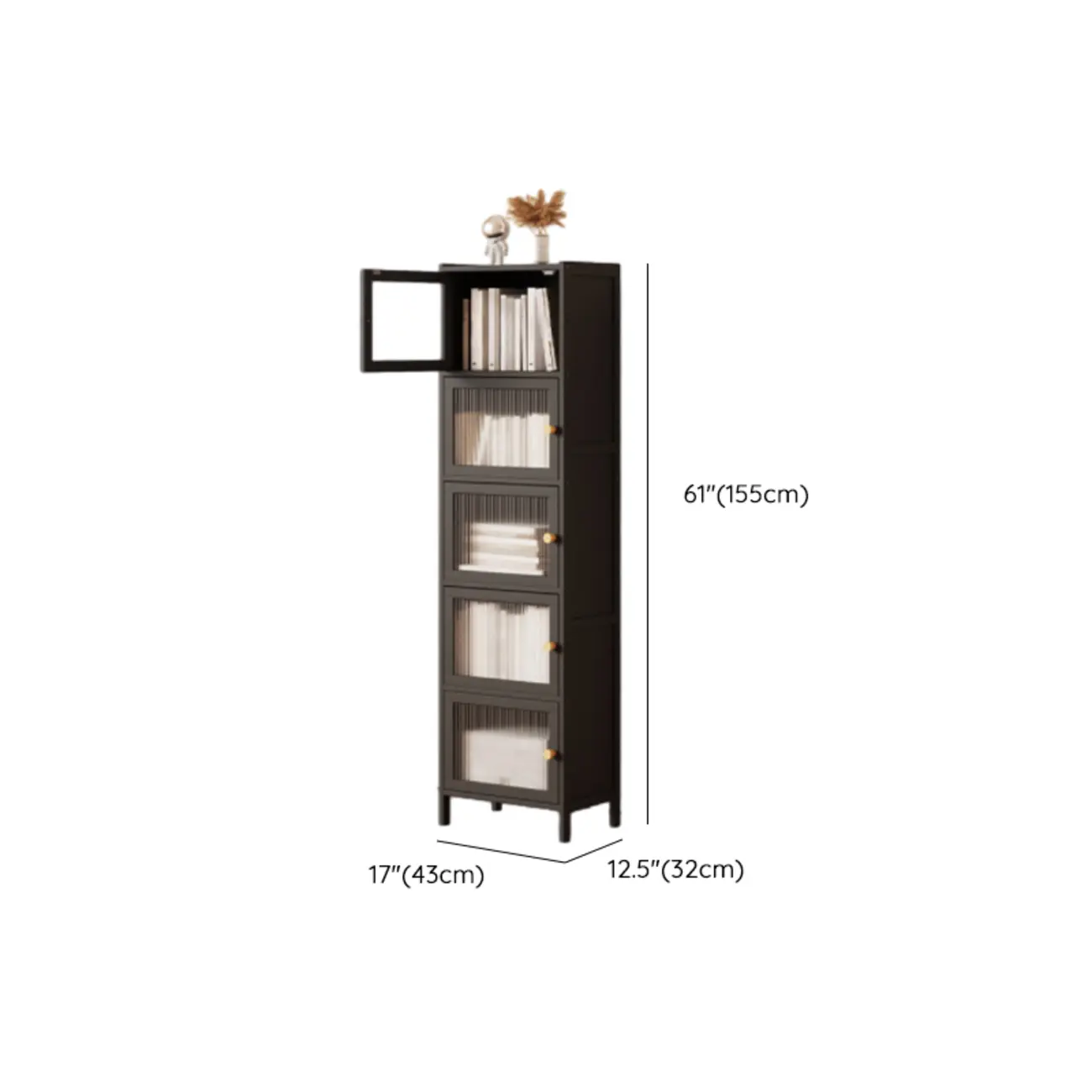 Slim Vertical Black Glass Doors Wooden Tall Bookcase Image - 16 | homeyfad
