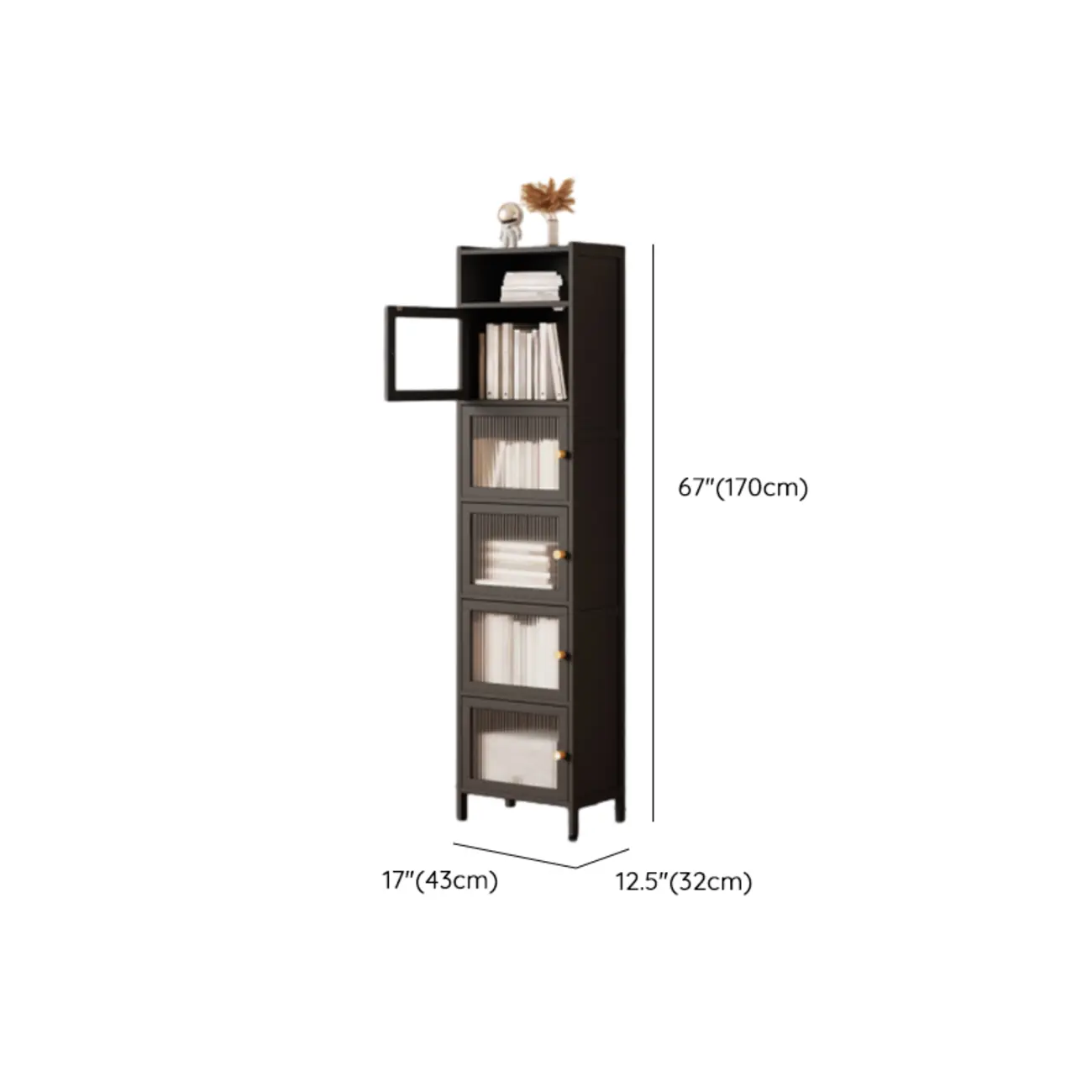 Slim Vertical Black Glass Doors Wooden Tall Bookcase Image - 17 | homeyfad