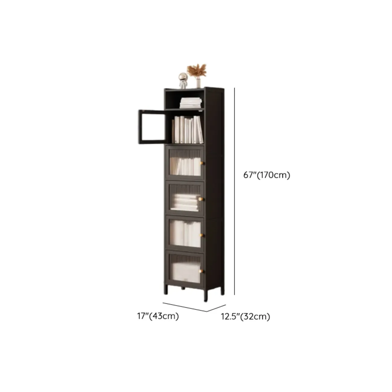 Slim Vertical Black Glass Doors Wooden Tall Bookcase Image - 17