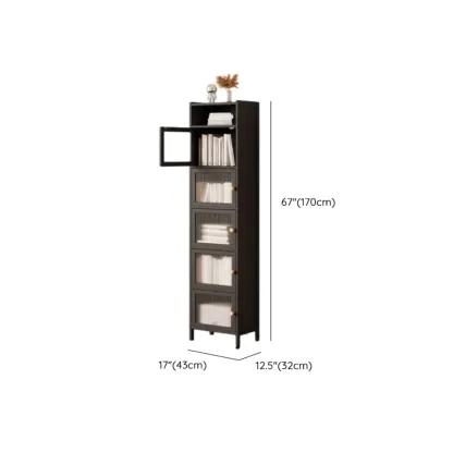 Slim Vertical Black Glass Doors Wooden Tall Bookcase Image - 17