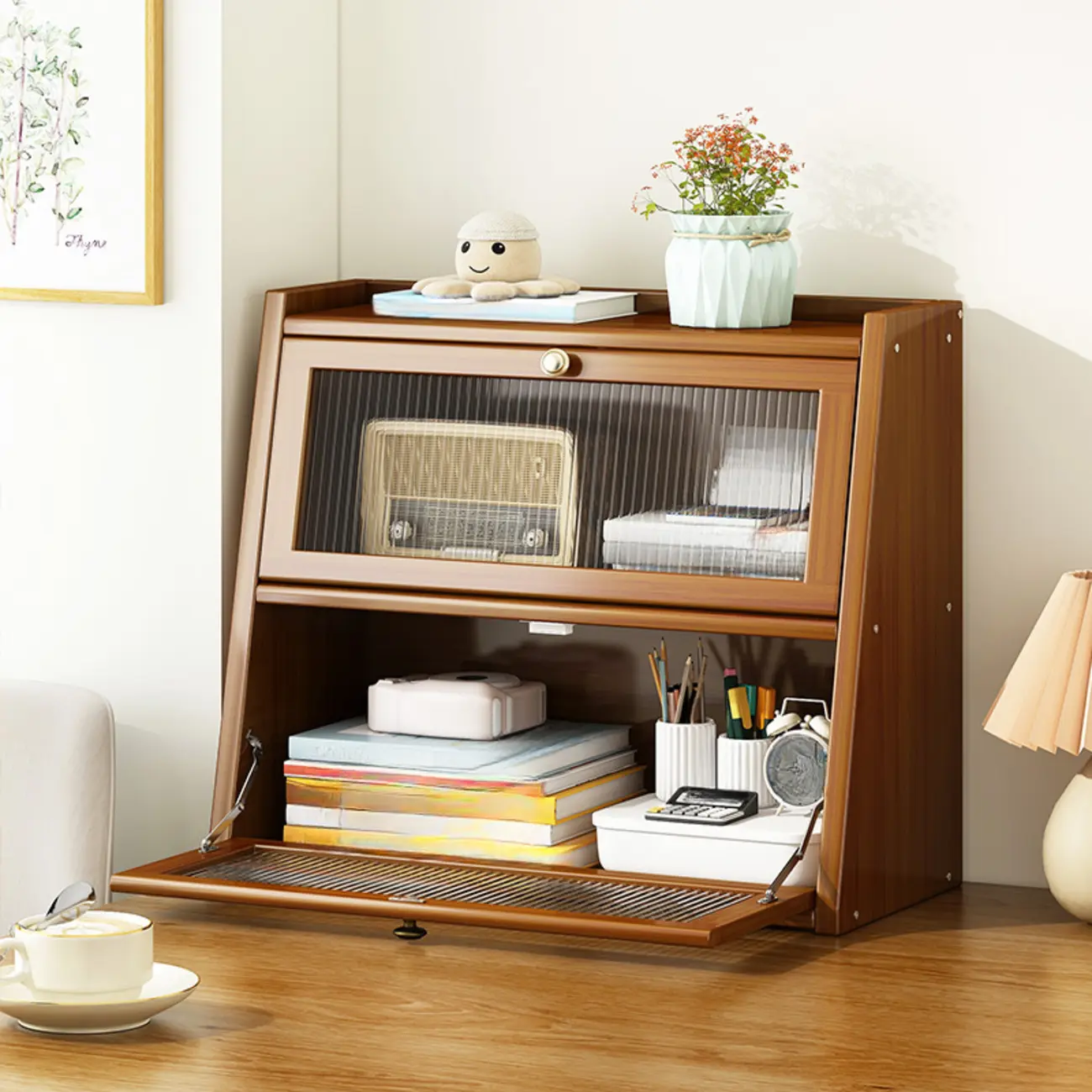 Compact Wood Step Bookcase with Glass Doors Image - 1 | homeyfad
