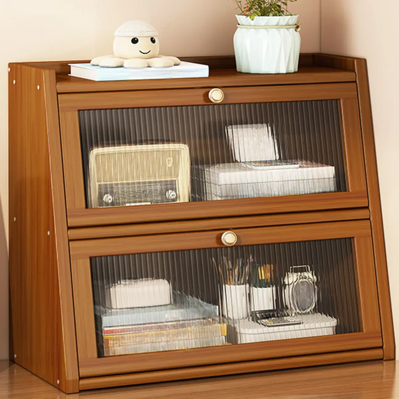Compact Wood Step Bookcase with Glass Doors Image - 2